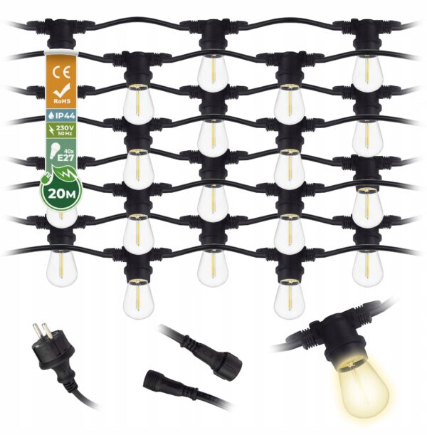 0195c5327bb85fbff6485f122fd8daa0 Girlanda ogrodowa 20m + 40 żarówek LED Filament 1W