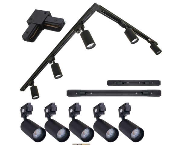 Zestaw-lampa-LED-szynowa-2m-1m-5-reflektorow-GU10-czarna Zestaw Premium: Szyna 2m + 1m + 5 reflektorów GU10 - czarny