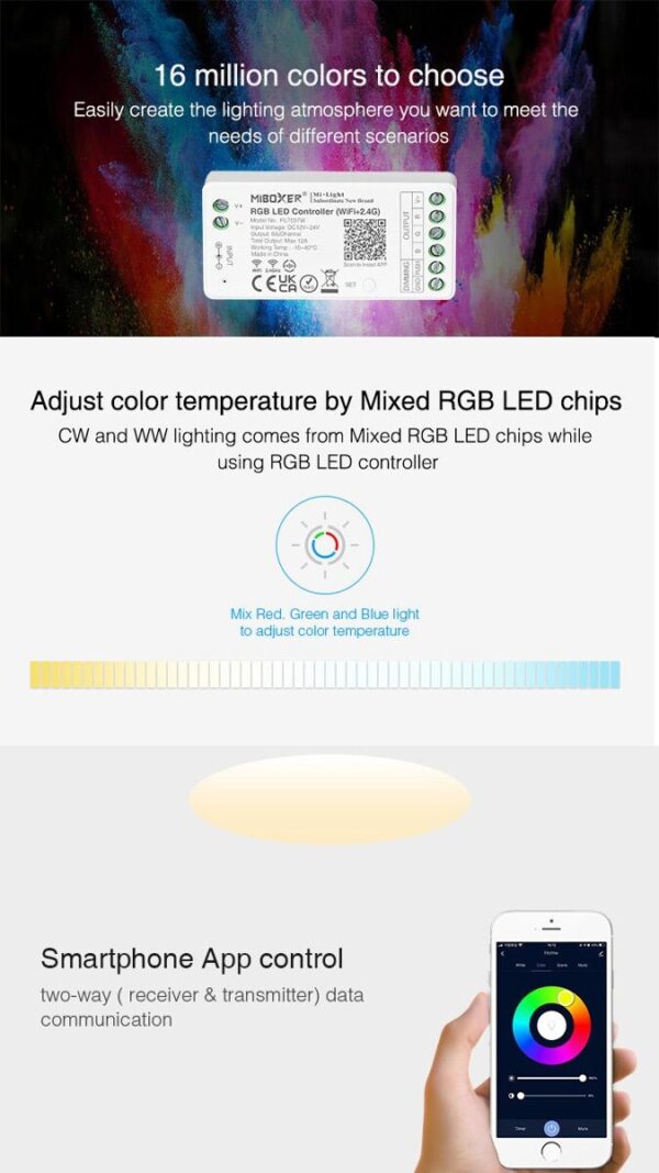 MiLIGHT FUT037W sterownik LED RGB Tuya Smart 12A 12-24V