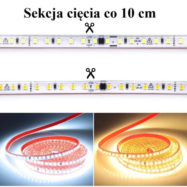 Taśma LED 230V AC NANO IP65 120xSMD2835 10W/m - Ciepła