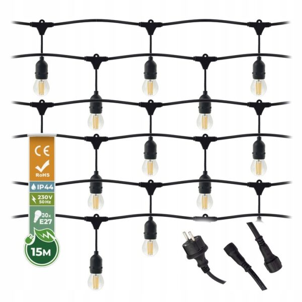 decaf05e97df5a9c5edd2b23460ba57e Girlanda ogrodowa 15m + 30 żarówek LED Filament 1W