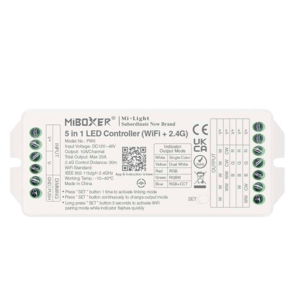 Sterownik LED Wi-Fi Mi-Light PW5 5w1 Mono/RGB/CCT 20A 12-48V