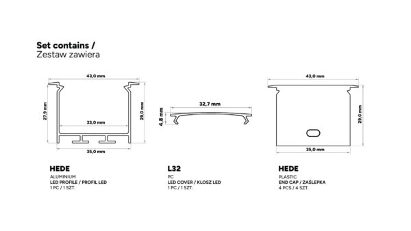 Profil LED wpuszczany Hede czarny 2m klosz mleczny