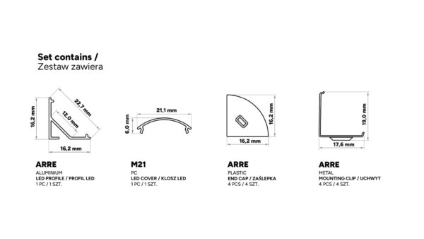 Profil LED kątowy Arre srebrny 3m klosz transparentny