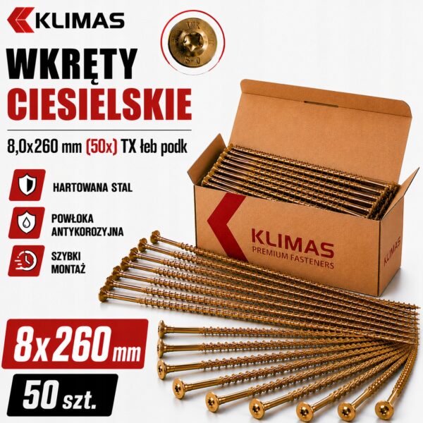 093cedb948bb0fd9ce87005c8ad301cd KLIMAS Wkręty ciesielskie 8x260 do drewna łeb talerzowy Torx Klimas 50 szt.