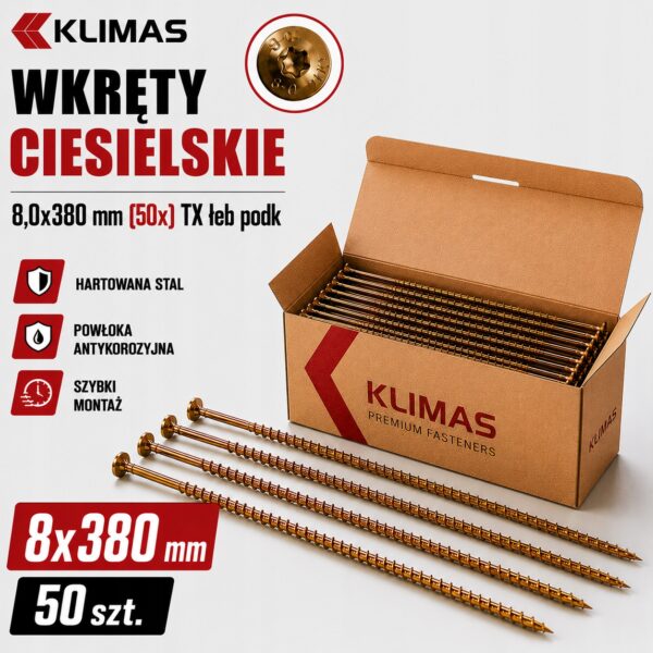 0a2a904e8256b501d44f5b9c59ce38ab KLIMAS Wkręty ciesielskie 8x380 do drewna łeb talerzowy Torx Klimas 50 szt.