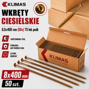 KLIMAS Wkręty ciesielskie 8x400 do drewna łeb talerzowy Torx Klimas 50 szt.