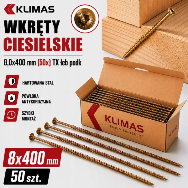 0a2b8d8b3f5022fe35ce5972d6e1372e KLIMAS Wkręty ciesielskie 8x400 do drewna łeb talerzowy Torx Klimas 50 szt.