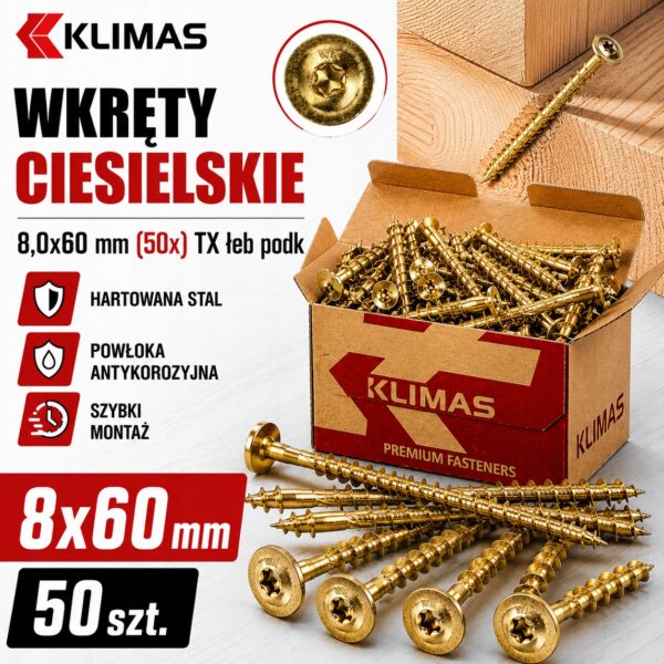 KLIMAS Wkręty ciesielskie 8x60 mm 50 szt. Łeb Talerzowy Podkładkowy Ocynk