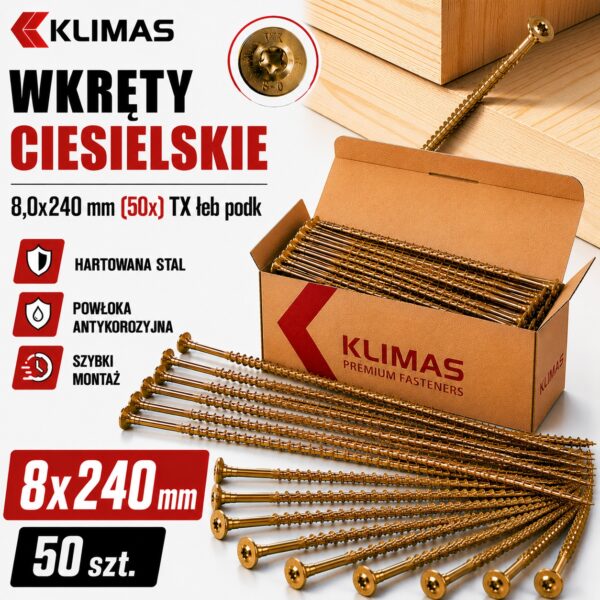 1749e98c1012368d8407ec268f0fec4a KLIMAS Wkręty ciesielskie 8x240 do drewna łeb talerzowy Torx Klimas 50 szt.