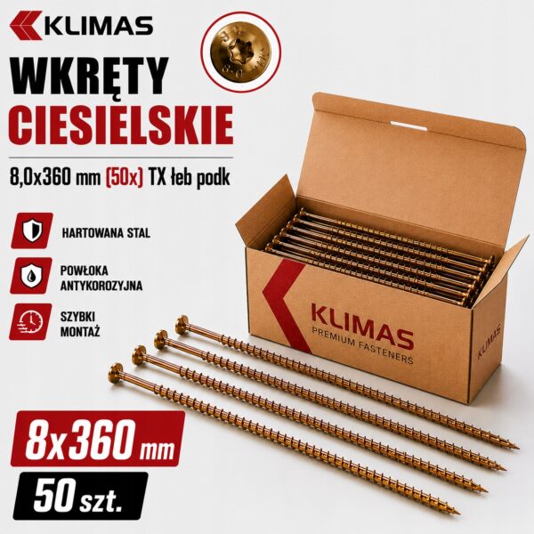 207e826f503b269eb3960dbd32f4f47c KLIMAS Wkręty ciesielskie 8x360 do drewna łeb talerzowy Torx Klimas 50 szt.