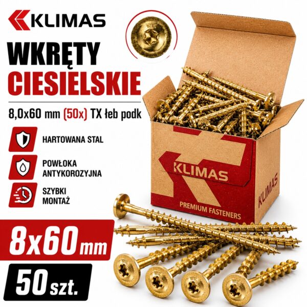 KLIMAS Wkręty ciesielskie 8x60 mm 50 szt. Łeb Talerzowy Podkładkowy Ocynk