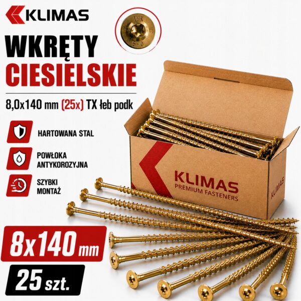 KLIMAS Wkręty ciesielskie 8x140 do drewna łeb talerzowy Torx Klimas 25 szt.