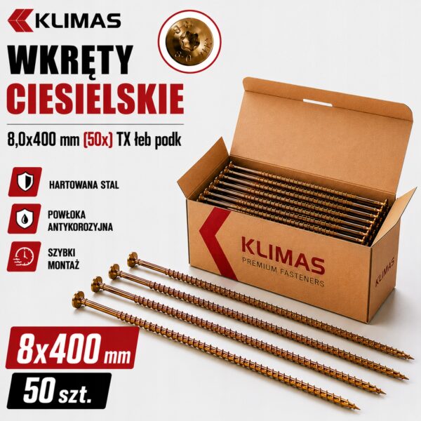 39e23fa1320627c38305cd114b74884b KLIMAS Wkręty ciesielskie 8x400 do drewna łeb talerzowy Torx Klimas 50 szt.