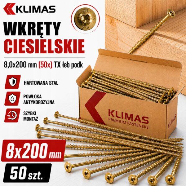 KLIMAS Wkręty ciesielskie 8x200 do drewna łeb talerzowy Torx Klimas 50 szt.