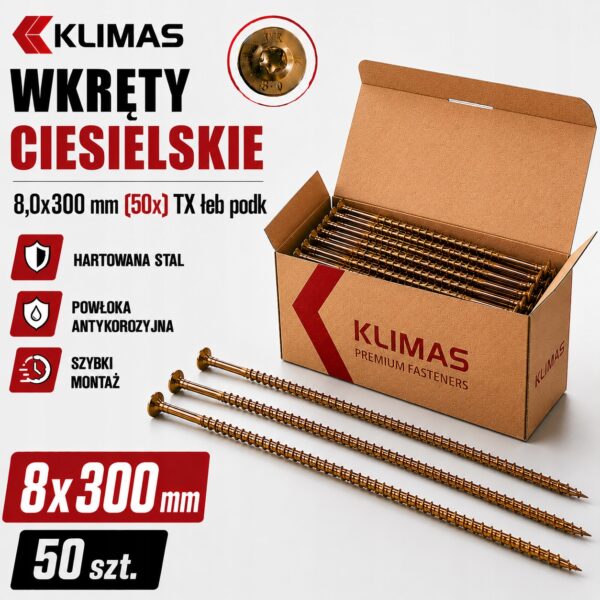 3f412c0470d731184c8b8017887764b7 KLIMAS Wkręty ciesielskie 8x300 do drewna łeb talerzowy Torx Klimas 50 szt.