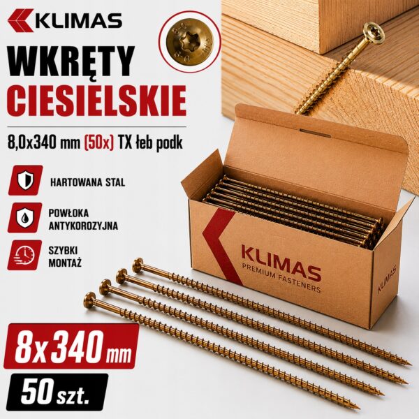 4c2a7a06e45dcd830710e76e09ce6012 KLIMAS Wkręty ciesielskie 8x340 do drewna łeb talerzowy Torx Klimas 50 szt.