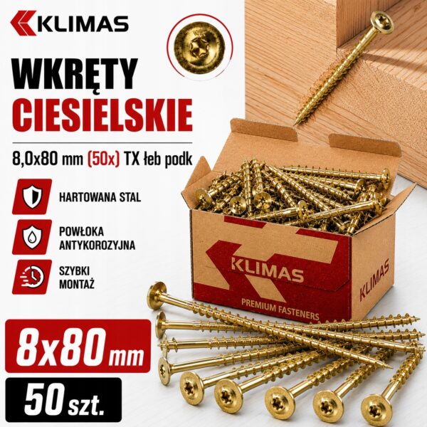 KLIMAS Wkręty ciesielskie 8x80 do drewna łeb talerzowy Torx Klimas 50 szt.