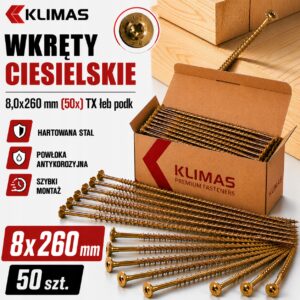 KLIMAS Wkręty ciesielskie 8x260 do drewna łeb talerzowy Torx Klimas 50 szt.
