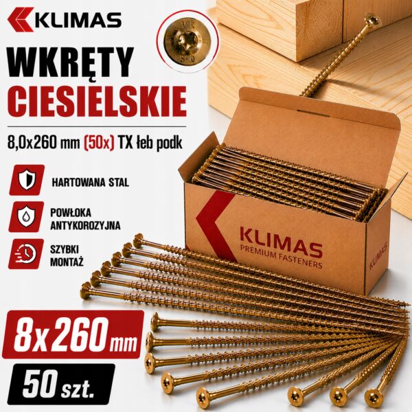 506abeb52207addfa6eeaa7d6566dd54 KLIMAS Wkręty ciesielskie 8x260 do drewna łeb talerzowy Torx Klimas 50 szt.