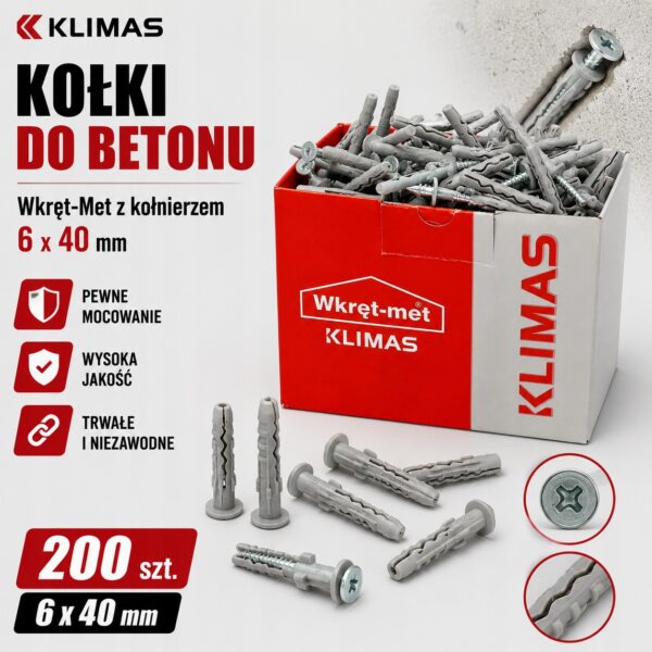 65862d05e5896e6c17bb07ba0866f0de KLIMAS Kołki do betonu Wkręt-Met 6 x 40 mm opak 200 szt. z kołnierzem