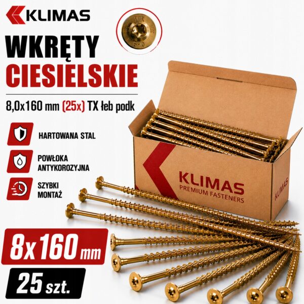 Wkręty ciesielskie TORX 8x160 mm 25 szt. talerzowe do drewna Klimas WKCP