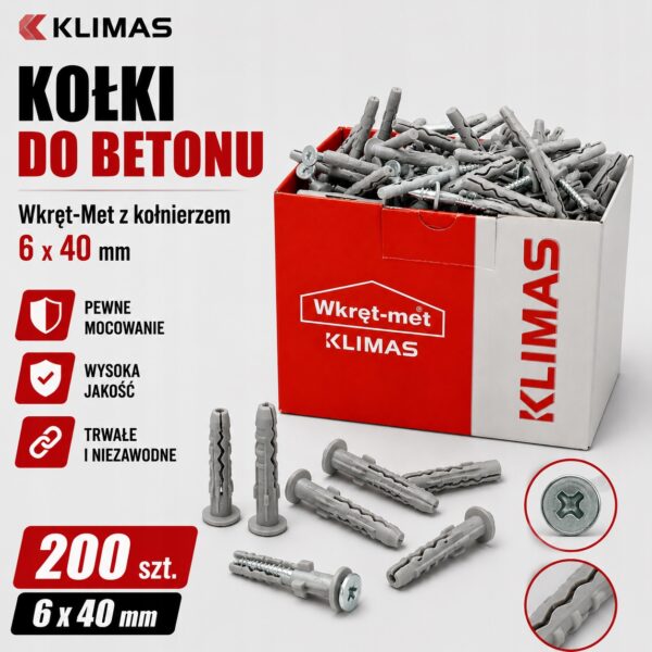 7964bc85e0f7018778a7398cdce712fd KLIMAS Kołki do betonu Wkręt-Met 6 x 40 mm opak 200 szt. z kołnierzem
