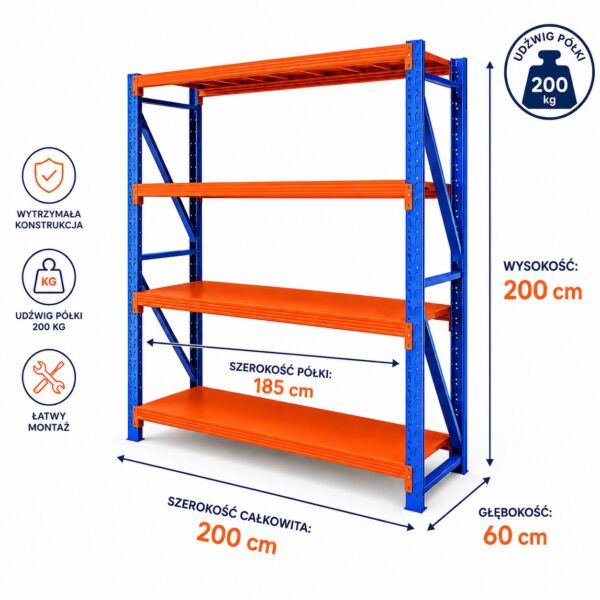 Regał Magazynowy Metalowy 4-półkowy 200x200x60cm do 200kg
