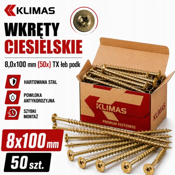 855190013f7b0095a98c56267ceac7f1 KLIMAS Wkręty ciesielskie 8x100 do drewna łeb talerzowy Torx Klimas 50 szt.