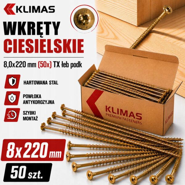 9d28edda7f1b2a2f977a129a56dff79e KLIMAS Wkręty ciesielskie 8x220 do drewna łeb talerzowy Torx Klimas 50 szt.