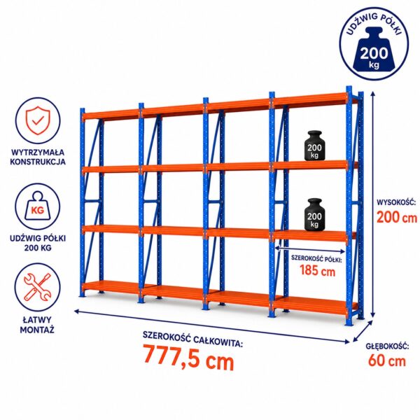 Regał Magazynowy Metalowy 16-półkowy 800x200x60cm do 200kg