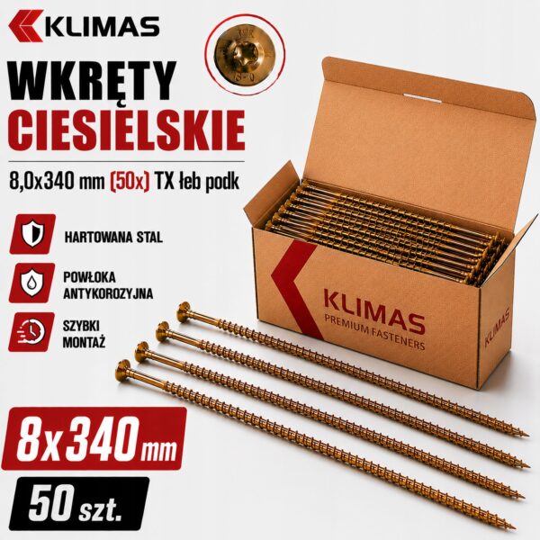 a8dd34c45814595b2871c39dcc10981c KLIMAS Wkręty ciesielskie 8x340 do drewna łeb talerzowy Torx Klimas 50 szt.