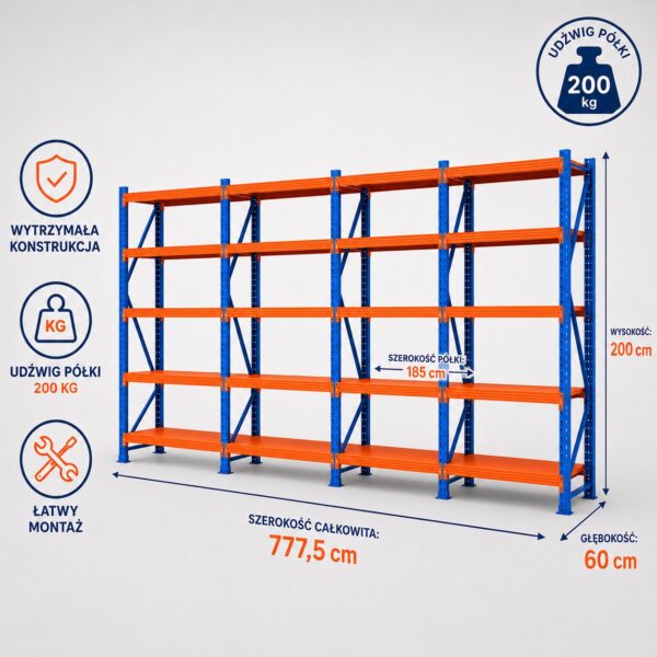 Regał Magazynowy Metalowy 20-półkowy 800x200x60cm do 200kg