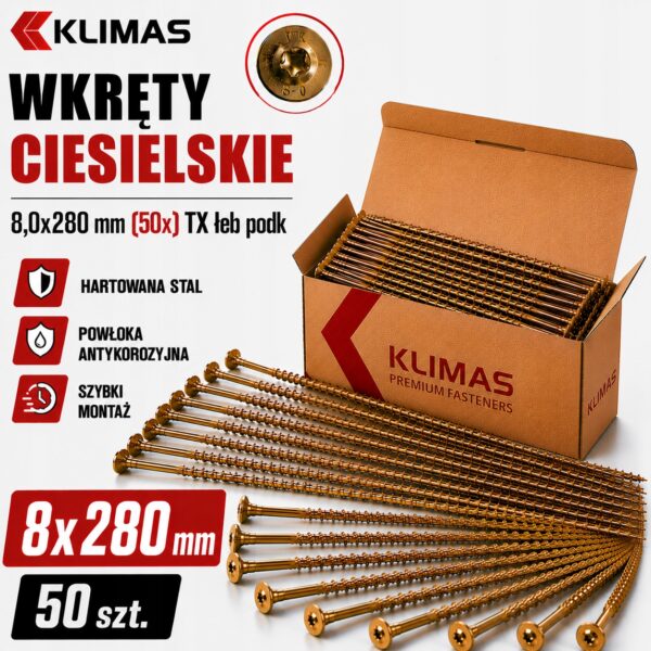 KLIMAS Wkręty ciesielskie 8x280 do drewna łeb talerzowy Torx Klimas 50 szt.
