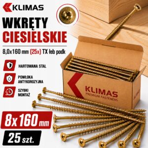 Wkręty ciesielskie TORX 8x160 mm 25 szt. talerzowe do drewna Klimas WKCP