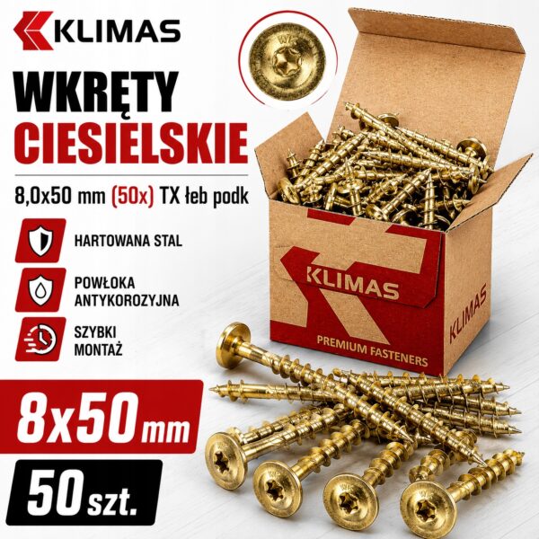 cf41a59f72a44cfe9f8f665bec7960a8 KLIMAS Wkręty ciesielskie 8x50 do drewna łeb talerzowy Torx Klimas 50 szt.