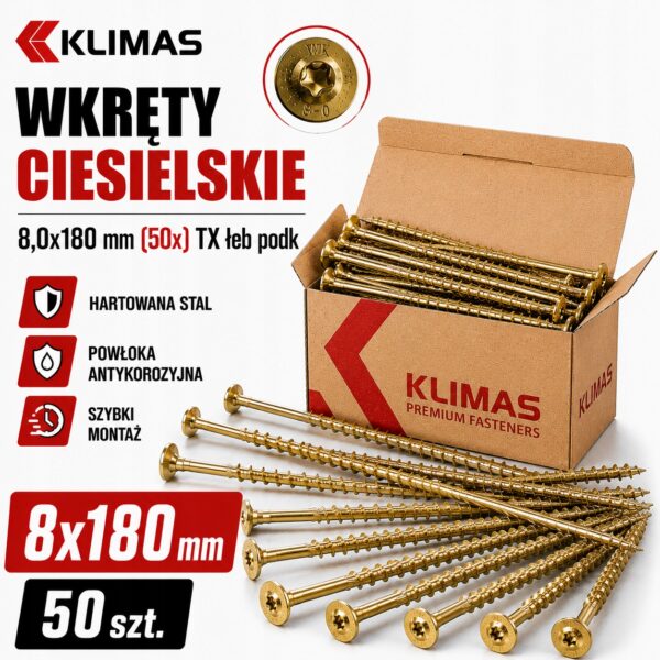 KLIMAS Wkręty ciesielskie 8x180 do drewna łeb talerzowy Torx Klimas 50 szt.