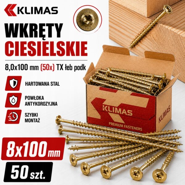 d999a510a4bad913241c1bbb8f3c3499 KLIMAS Wkręty ciesielskie 8x100 do drewna łeb talerzowy Torx Klimas 50 szt.
