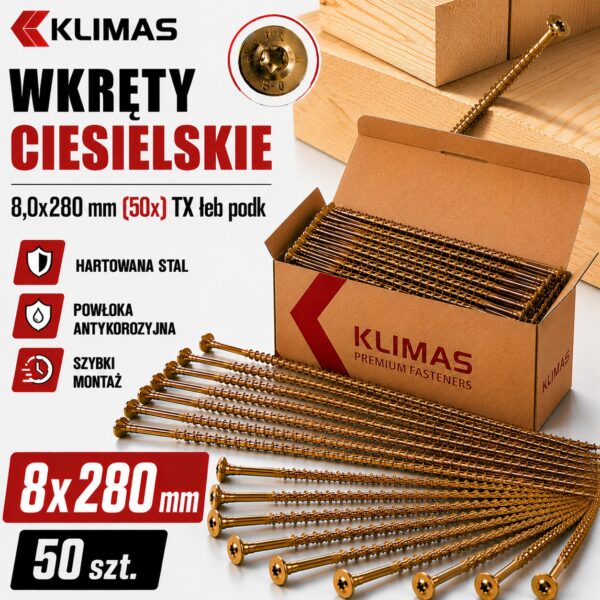 KLIMAS Wkręty ciesielskie 8x280 do drewna łeb talerzowy Torx Klimas 50 szt.