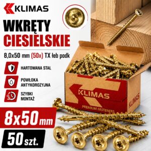 KLIMAS Wkręty ciesielskie 8x50 do drewna łeb talerzowy Torx Klimas 50 szt.