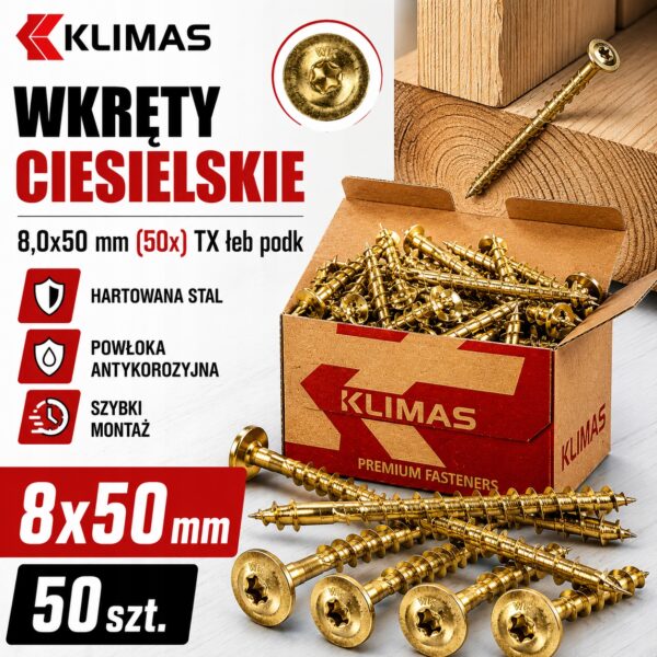 dc089fa8081bc1f601a7654f3a5173de KLIMAS Wkręty ciesielskie 8x50 do drewna łeb talerzowy Torx Klimas 50 szt.