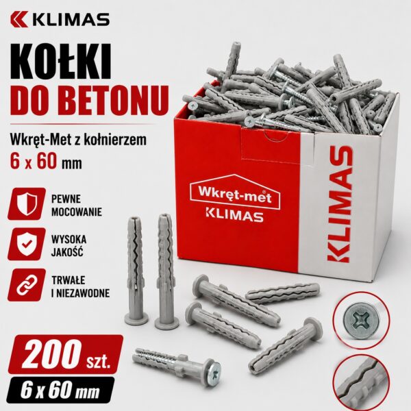 de58fe150164a0fede7ab04d8833f7f2 KLIMAS Kołki do betonu Wkręt-Met 6 x 60 mm opak 200 szt. z kołnierzem