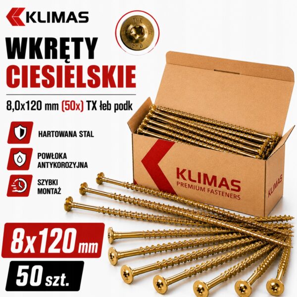 KLIMAS Wkręty ciesielskie 8x120 do drewna łeb talerzowy Torx Klimas 50 szt.