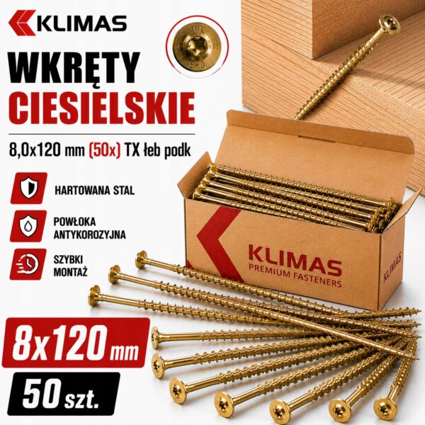 KLIMAS Wkręty ciesielskie 8x120 do drewna łeb talerzowy Torx Klimas 50 szt.