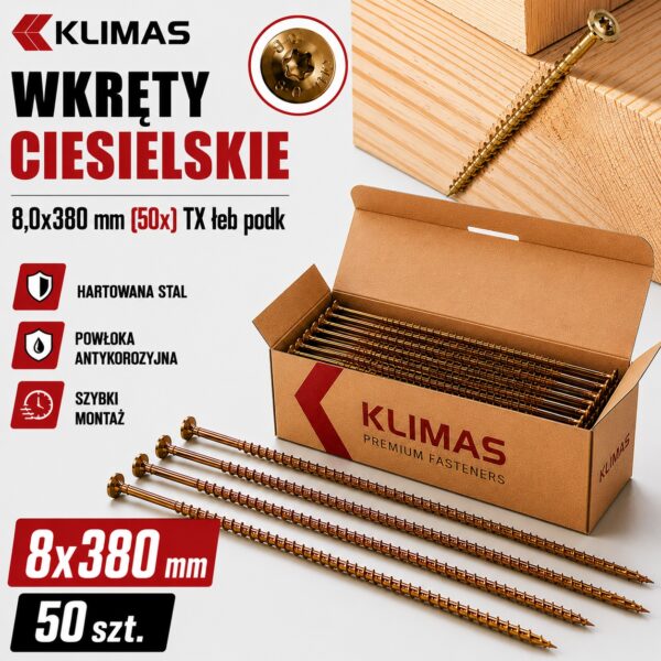 f0f25cc380968fd25e3ec1128fc68818 KLIMAS Wkręty ciesielskie 8x380 do drewna łeb talerzowy Torx Klimas 50 szt.