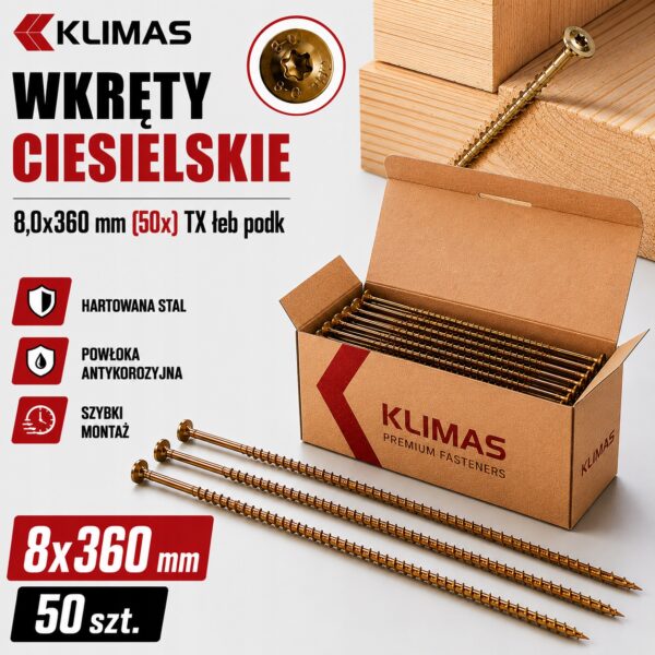 f8a08d3f92d6b26636541b6f4d135ff5 KLIMAS Wkręty ciesielskie 8x360 do drewna łeb talerzowy Torx Klimas 50 szt.