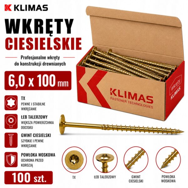 KLIMAS Wkręty ciesielskie 6 x 100 mm do drewna łeb talerzowy Torx 100 szt.