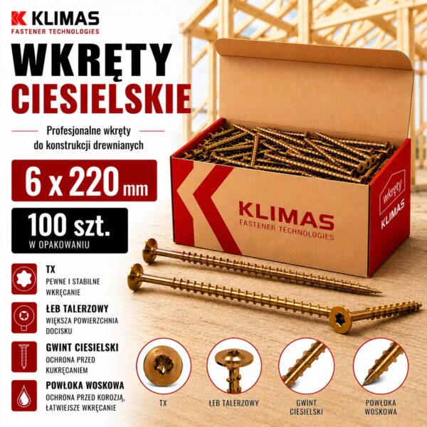 KLIMAS Wkręty ciesielskie 6 x 220 mm do drewna łeb talerzowy Torx 100 szt.