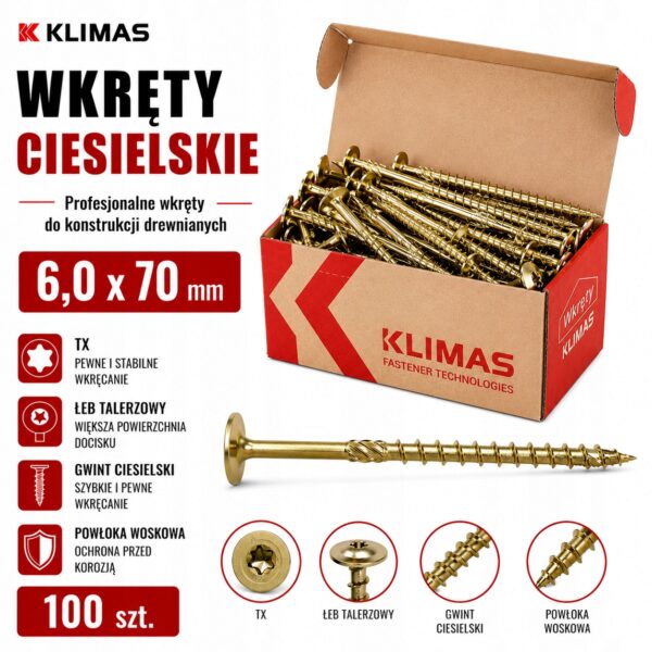 KLIMAS Wkręty ciesielskie 6 x 70 mm do drewna łeb talerzowy Torx 100 szt.