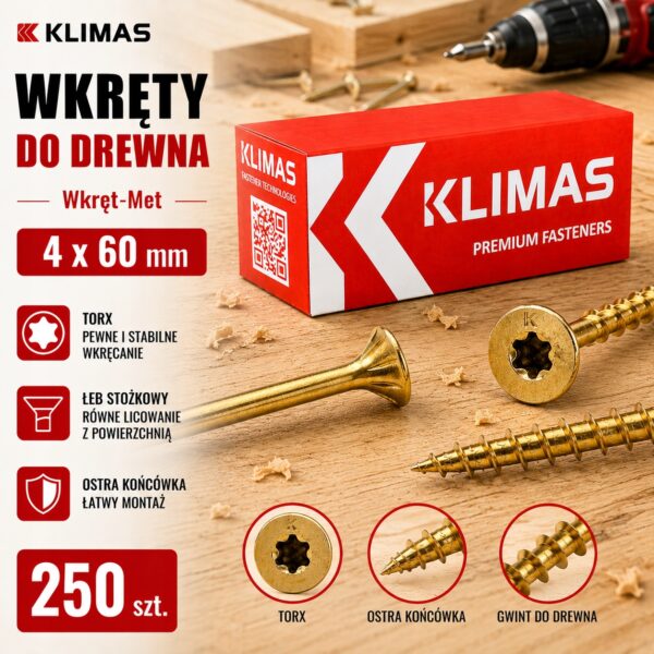 KLIMAS Wkręty do drewna Wkręt-Met 4 x 60 mm TORX łeb stożkowy 250 szt.